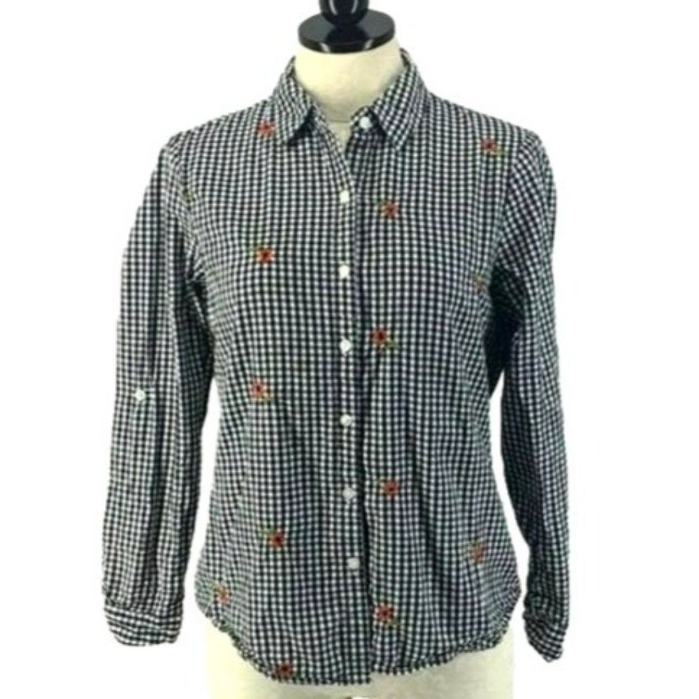 Love Potion Woman's Black Plaid Floral Long Sleeve Button Up Shirt Blouse Medium